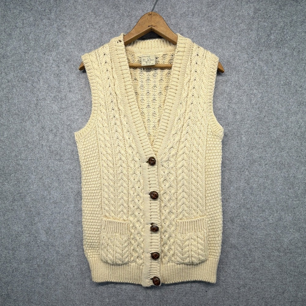Carraig Donn Sweater Vest Mens Small Beige Wool Cable Knit Cardigan Ireland Made